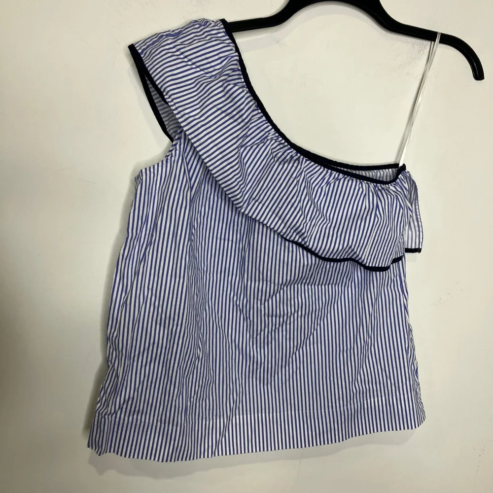J. Crew one shoulder ruffle blouse blue white striped women's size‎ 4 preppy
